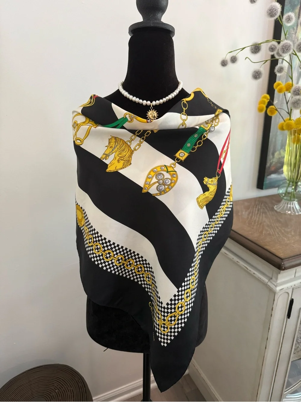 Celine Silk Scarf Navy White Yellow Hand Rolled Made in France